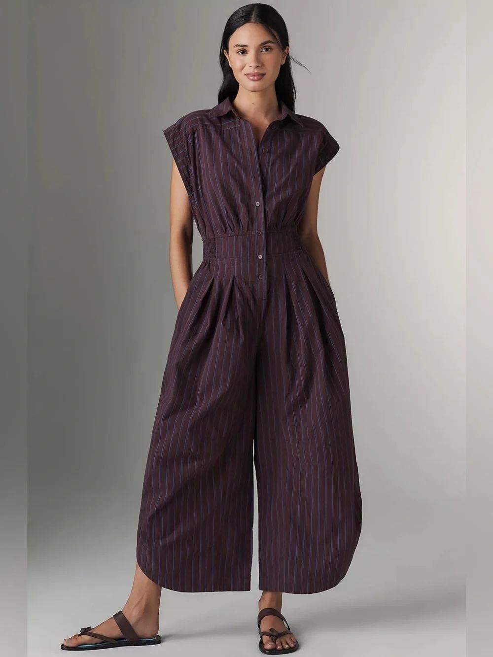 By Anthropologie Striped Shirting Parachute Jumpsuit Size S